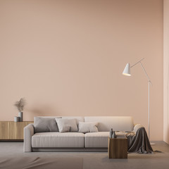 Beige living room interior with sofa