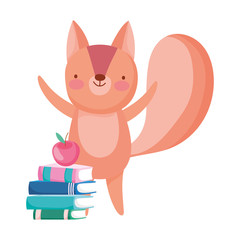 back to school, squirrel books and apple cartoon