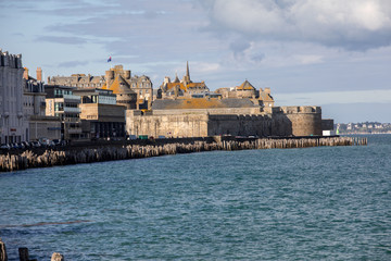 View of breakwater and old town of Saint-Malo. Brittany, France