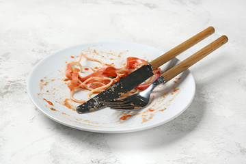 Dirty empty plate with cutlery on light background