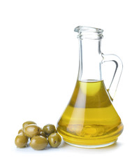 Bottle of tasty olive oil on white background