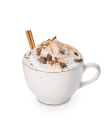 Cup of hot chocolate on white background