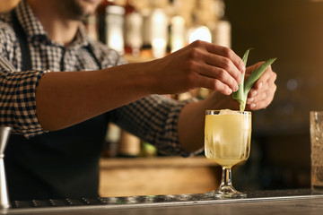 Bartender making cocktail in pub