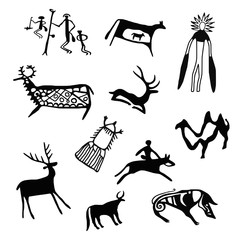 Fototapeta premium A series of petroglyphs, rock paintings of Central Asia, vector design. 