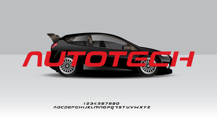 Autotech, a bold modern sporty typography alphabet font, on a car background vector illustration design © MoonBandit