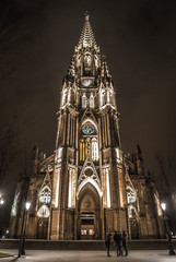 Fototapeta na wymiar San Sebastian, Guipúzcoa / Spain »; Summer 2018: Cathedral of the Buen Pastor of San Sebastian illuminated one summer night