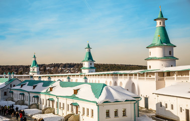Obraz premium Inner yard of New Jerusalem Monastery with fortified walls and towers, Istra, Moscow region, Russia