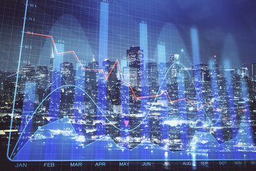 Financial graph on night city scape with tall buildings background double exposure. Analysis concept.