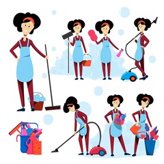 Set of cleaning girls performing different cleaning tasks. Flat vector illustration.