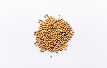 Organic protein sources. Soybeans on white background