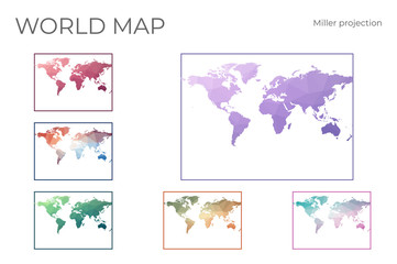 Fototapeta na wymiar Low Poly World Map Set. Miller cylindrical projection. Collection of the world maps in geometric style. Vector illustration.