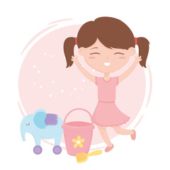 kids zone, cute little girl bucket shovel and elephant with wheels toys