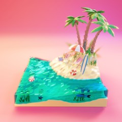 Tropical island sea, sunset deck chairs under umbrella on a beach. Travel concept 3d low poly illustration.
