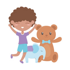kids zone, happy little boy teddy bear and elephant toys