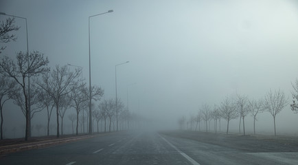 Heavy traffic at fog weather