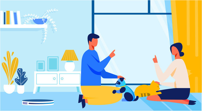 Cartoon Man and Woman Playing with Alive or Artificial Cat. People Characters Talking, Disputing about Animal Interactive Machines and Live Domestic Pets. Vector Home Living Room Interior Illustration