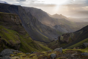 Canyon and Mountain peak during dramatic and colorful sunset on the Fimmvorduhals Hiking trail near Thorsmork