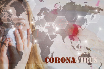 Coronavirus nCoV Chinese infection Virus in mask of a girl on a gray background and a world map with the location of China, the concept of the epidemic of the virus in China Coronavirus nCov
