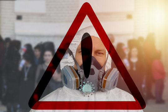 Symbol caution danger virus and bacteria, Man with mask gas and blurred people on background. Coronavirus 2019 - nCoV