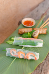 Three typical kinds of Vietnamese rolls: Fried Spring Rolls, Summer Rice Paper Rolls, and Vegetarian Rolls