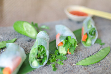 Vegetarian rice paper rolls carrot, cucumber, purple cabbage, green bean