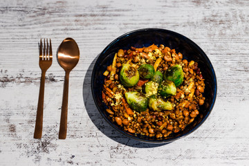 vegan brussel sprouts and baked beans with mixed veggies