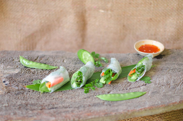 Vegetarian rice paper rolls carrot, cucumber, purple cabbage, green bean