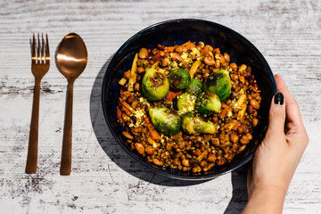 vegan brussel sprouts and baked beans with mixed veggies