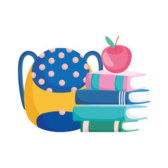 back to school stacked books apple and backpack cartoon