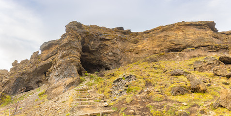 Glymur waterfall in Iceland stairs to cave on the way to the fall