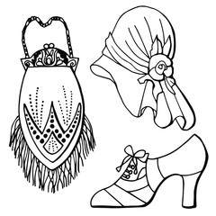 Headgear, handbag and shoes of 1920. Female set of accessories. Art Deco. Line art. Stock illustration. Isolated over white background.