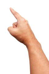 Male Asian hand gestures isolated over the white background. Pointing Visual Touch Action.