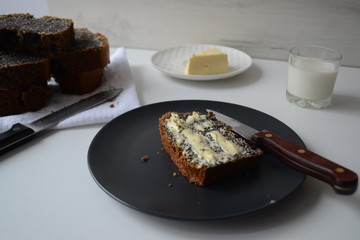 Food photo still life poppy seed cake and knife