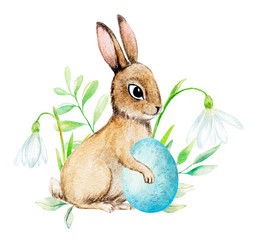 Watercolor Cartoon Spring Bunny with Egg and Snowdrops  Isolated on a White Background. Easter Hand Drawn Illustration