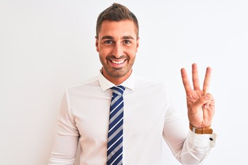 Young handsome elegant business man over isolated background showing and pointing up with fingers number three while smiling confident and happy.