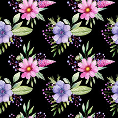 Watercolor Seamless Pattern. Purple and Pink Flowers, Leaves and Berries on a Black Background. Hand Drawn Illustration