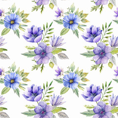 Watercolor Seamless Pattern. Purple and Pink Flowers, Leaves and Berries on a White Background. Hand Drawn Illustration