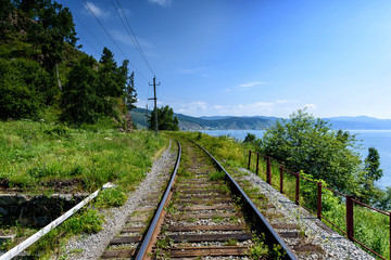 Circum-Baikal railroad on the coast of Lake Baikal.