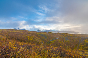 Vatnajoekull glacier colorful autumn landscape in front of icy mountain tops