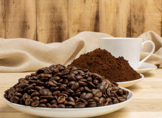 Stage coffee bean, powder, cup of coffee