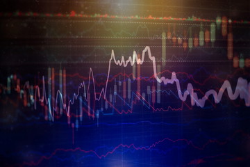 Technical price graph and indicator, red and green candlestick chart on blue theme screen, market...