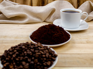 Stage coffee bean, powder, cup of coffee