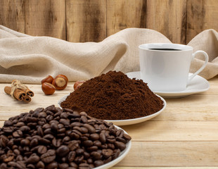 Stage coffee bean, powder, cup of coffee