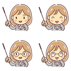 「指示棒を持つ先生風の女性」のデフォルメイラスト（４パターン・通常・眼鏡）