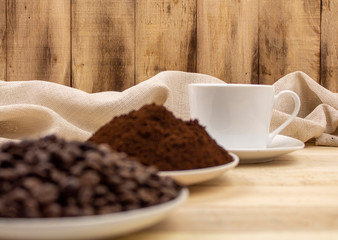 Stage coffee bean, powder, cup of coffee