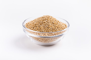 Vegan food. White quinoa in glass plate