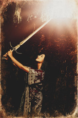 Woman with sword in lake near waterfall, old photo effect.