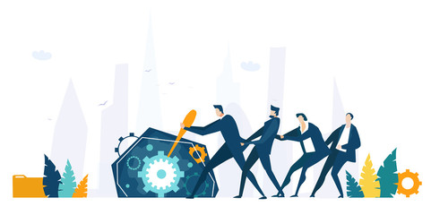 Businessman and his team pushing lever arm and making mechanism with gears working. Business concept illustration
