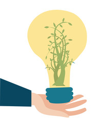 Hand of businessman with light bulb and little tree growing inside. Symbol of creativity, new idea, alternative energy  and finding solution.
