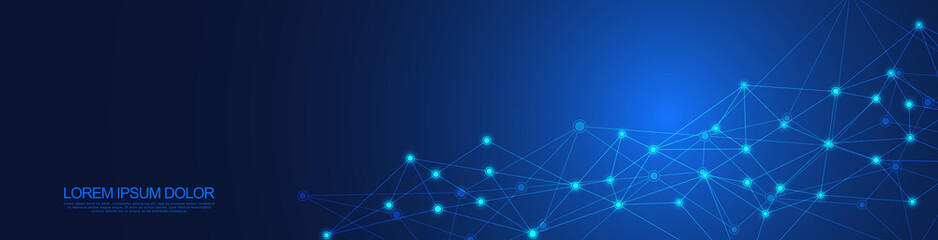 Website header or banner design with abstract geometric background and connecting dots and lines. Global network connection. Digital technology with plexus background and space for your text.